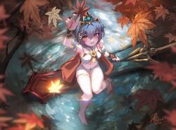  :d absurdres applelin arm_up autumn_leaves bare_back bare_legs barefoot blue_hair commentary_request detached_sleeves female highres holding holding_leaf honkai:_star_rail honkai_(series) leaf midriff nail_polish navel open_mouth orange_eyes red_nails short_sleeves smile solo stomach yunli_(honkai:_star_rail) 