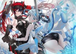  2girls animal_ears bambinata_(punishing:_gray_raven) black_dress black_hair black_leotard blue_butterfly blue_eyes blue_flower blue_tail braided_hair_rings breasts bug butterfly cat_ears cat_tail doll_joints dress fake_animal_ears fake_horns fake_tail flower flower_request headgear horns joints leotard long_hair looking_at_viewer looking_back lucia:_dawn_(punishing:_gray_raven) lucia_(punishing:_gray_raven) mechabare mechanical_arms mechanical_legs medium_breasts multicolored_hair multiple_girls punishing:_gray_raven puppet_strings red_eyes red_hair red_horns robot_joints streaked_hair tail takei_(jamfusion) twintails two-tone_hair two-tone_leotard white_hair white_leotard 