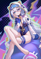  bare_legs bare_shoulders barefoot blue_eyes bow braid chains chinese_commentary collarbone commentary_request crossed_legs detached_sleeves feet female hair_between_eyes hairbow hand_up head_rest highleg highleg_leotard highres honkai_(series) honkai_impact_3rd leotard long_hair long_sleeves looking_at_viewer meme nail_polish pink_pupils purple_bow purple_leotard purple_nails signature sitting sleep_mask solo strapless strapless_leotard teri_derp_(meme) theresa_apocalypse theresa_apocalypse_(schicksal&#039;s_imperative) thigh_strap thighs toenail_polish toenails toes white_hair white_hood white_sleeves yelan_xing_xuan 