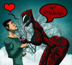  alien alien_humanoid ass bent_over breasts carnage_(marvel) clothing dialogue duo eddie_brock empty_eyes eye_contact female fog heart_symbol hi_res human human_on_humanoid humanoid interspecies long_tongue looking_at_another male male/female mammal marvel not_furry open_mouth plant red_body rule_63 sharp_teeth shirt smile speech_bubble symbiote teeth text therizkpiecraft tongue tongue_out topwear tree 