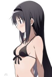  akemi_homura bikini black_bikini black_hair black_hairband blush breasts closed_mouth collarbone commentary female from_side front-tie_bikini_top front-tie_top hairband halterneck highres long_hair looking_ahead mahou_shoujo_madoka_magica nagare_(flow) navel purple_eyes simple_background small_breasts solo strap_gap swimsuit twitter_username upper_body white_background 