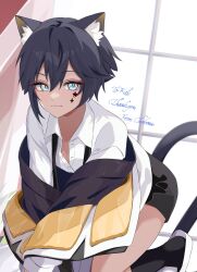  1boy animal_ear_fluff animal_ears black_hair black_jacket black_shorts black_tail blue_eyes blush cat_boy cat_ears cat_tail chobonu closed_mouth commission facial_mark highres jacket long_sleeves male_focus original shirt shorts skeb_commission smile solo star_(symbol) star_facial_mark tail white_shirt 