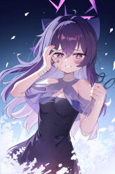  absurdres bandaged_arm bandaged_neck bandages bandaid bandaid_on_face black_background blue_archive blue_background bow breasts cleavage clenched_teeth crying crying_with_eyes_open dress female floating_hair gradient_background gro_(lee145879) hair_between_eyes hairbow halo haruka_(blue_archive) haruka_(dress)_(blue_archive) highres holding holding_scissors injury long_hair medium_breasts official_alternate_costume purple_bow purple_dress purple_eyes purple_hair purple_halo scissors strapless strapless_dress tears teeth 