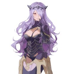  absurdres armor black_armor black_panties breasts brinaa_sama camilla_(fire_emblem) cleavage female fire_emblem fire_emblem_fates gloves hair_over_one_eye highres large_breasts long_hair looking_at_viewer panties purple_eyes purple_gloves purple_hair smile solo tiara underwear wavy_hair 