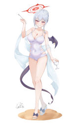  absurdres alternate_costume black_tail black_wings blue_archive braid covered_navel cup demon_wings fake_wings female full_body hair_bun halo haruna_(blue_archive) highres holding holding_cup iicecall one-piece_swimsuit red_halo side_braid signature single_hair_bun single_wing solo standing swimsuit white_background white_hair white_one-piece_swimsuit wings 