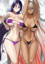  2girls abs armpits arms_up bare_shoulders beads bikini black_bikini black_gloves blue_eyes blush breasts cleavage collarbone contrast dark-skinned_female dark_skin elbow_gloves eyepatch_bikini fate/grand_order fate_(series) gloves gradient_hair grey_hair highleg highleg_bikini highres jikihatiman large_breasts long_hair looking_at_viewer lying minamoto_no_raikou_(fate) minamoto_no_raikou_(swimsuit_lancer)_(fate) multicolored_hair multiple_girls navel on_back one_eye_closed orange_hair parted_bangs purple_bikini purple_eyes purple_hair swimsuit thighs very_long_hair zenobia_(fate) 