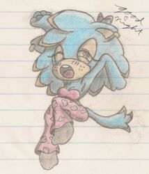  2015 anthro austinsstuff blue_body blue_fur breasts cleavage clothed clothing colored_pencil_(artwork) domestic_cat ear_piercing english_text fan_character felid feline felis female full-length_portrait fur hi_res lined_paper mammal open_mouth orange_eyes piercing portrait sega solo sonic_the_hedgehog_(series) text traditional_media_(artwork) yawn 