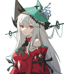  aqua_hat arknights ascot bare_shoulders black_ascot breasts clothing_cutout commentary detached_collar detached_sleeves dress female grey_hair hair_between_eyes hair_ornament hat hat_ornament highres looking_at_viewer official_alternate_costume pingdiguo red_dress red_eyes red_sleeves simple_background skadi_(arknights) skadi_the_corrupting_heart_(arknights) solo strapless strapless_dress two-sided_sleeves upper_body white_background 