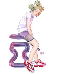  absurdres anime_coloring blonde_hair casual colorized commentary_request deyoicy female highres naruto naruto_(series) naruto_shippuuden shoes sitting solo temari_(naruto) 