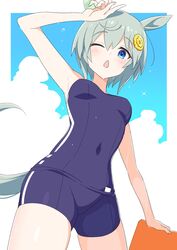  ;o animal_ears arm_up armpits blue_eyes blue_one-piece_swimsuit blue_sky blush border breasts chestnut_mouth cloud commentary competition_school_swimsuit covered_navel cowboy_shot cowlick day double-parted_bangs ear_covers female flower from_below glint hair_between_eyes hair_flower hair_ornament hand_on_own_head highres holding holding_kickboard horse_ears horse_girl horse_tail kamuraaa_615 kickboard light_green_hair looking_at_viewer medium_breasts official_alternate_costume one-piece_swimsuit one_eye_closed open_mouth outdoors outside_border school_swimsuit seiun_sky_(umamusume) short_hair single_ear_cover single_vertical_stripe sky solo standing straight_hair sunflower sunflower_hair_ornament sweat swimsuit tail tail_through_clothes thick_thighs thighs tracen_swimsuit umamusume wet white_border 