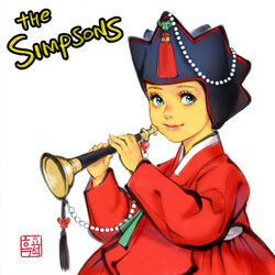  alternate_costume beads black_hat blue_eyes butterfly_ornament colored_skin commentary dress english_commentary eyelashes female green_ribbons hanbok hat instrument jobawi korean_clothes korean_commentary korean_traditional_hat lisa_simpson lolicon long_sleeves mixed-language_commentary music nayoung_wooh petite playing_instrument pointy_hat puffy_dress red_dress ribbon smile solo tassel the_simpsons traditional_clothes traditional_dress trumpet white_trim yellow_skin 