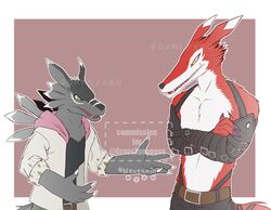  absurd_res anthro anthrofied bandai_namco black_body black_fur bottomwear canid canine canis clothing digimon digimon_(species) duo fangmon fur hi_res hoodie male mammal neotamine pants red_body red_fur shadowweregarurumon shirtless topwear wolf 