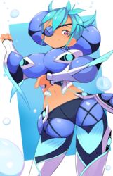  blue_hair breasts bubble eyepatch female highres jellcaps large_breasts navel praxis_(xenoblade) purple_eyes short_hair solo water xenoblade_chronicles_(series) xenoblade_chronicles_2 