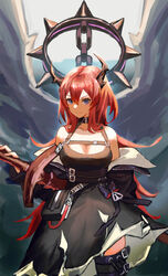  absurdres arknights black_dress chains collar demon_girl demon_horns dress female highres holding holding_weapon horns long_hair looking_at_viewer purple_eyes red_hair solo spiked_collar spikes surtr&#039;s_golem_(arknights) surtr_(arknights) sword thighhighs tsugu0302 weapon 