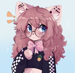  anakoluth animal_ears blue_eyes bow brown_hair commission crop_top cropped_hoodie female food fruit furry furry_female highres hood hoodie long_hair looking_away messy_hair midriff original pineapple pink_bow solo upper_body 