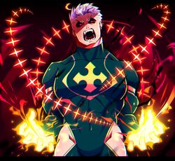  1boy alternate_eye_color alternate_hair_color bara black_bodysuit black_sclera bodysuit bulge clothing_cutout colored_sclera covered_abs covered_navel facial_hair fighting_stance fire glowing glowing_eyes halo highres large_pectorals lisuchi male_focus muscular muscular_male pectorals red_eyes short_hair skin_tight solo stubble thigh_cutout tokyo_afterschool_summoners upper_body white_hair zabaniyya_(housamo) 