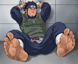  1boy arms_up bandages bara barefoot beard black_hair blue_pants bound bound_wrists bulge clenched_teeth commentary_request cuffs dirty dirty_feet facial_hair feet foot_focus forehead_protector full_body green_vest konohagakure_symbol male_focus mature_male muscular muscular_male naruto_(series) pants parted_lips pelvic_curtain sanpaku sarutobi_asuma short_hair sleeves_rolled_up soles solo spread_legs teeth tetsu_(kurotetsu1379) toes v-shaped_eyebrows vest 