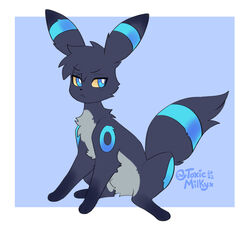  black_body blue_body blue_eyes border eeveelution feral frown generation_2_pokemon grey_body male nintendo pokemon pokemon_(species) quadruped shiny_pokemon signature simple_background sitting solo text toxicmilkyx umbreon url white_border 