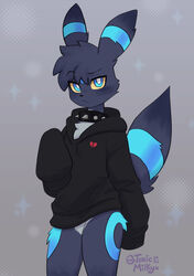  anthro anthrofied biped blue_body blue_eyes bottomless broken_heart clothed clothing digital_media_(artwork) eeveelution eyebrows frown generation_2_pokemon grey_body hi_res hoodie male nintendo oversized_clothing oversized_hoodie oversized_topwear pokemon pokemon_(species) raised_eyebrow shiny_pokemon signature simple_background solo text topwear toxicmilkyx umbreon url 