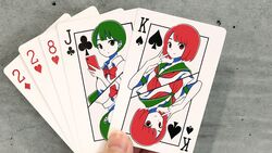  2girls bow bowtie card card_(medium) club_(shape) commentary_request diamond_(shape) expressionless green_eyes green_hair green_sailor_collar heart highres holding holding_phone jack_(playing_card) jack_of_clubs_(playing_card) king_(playing_card) king_of_spades limited_palette looking_at_viewer multiple_girls neckerchief original panasonynet phone photo_(medium) playing_card red_bow red_bowtie red_eyes red_hair red_neckerchief sailor_collar shirt short_sleeves smile spade_(shape) upper_body v white_shirt 