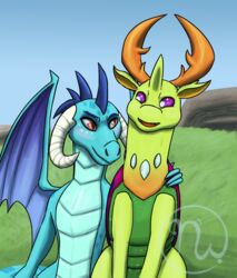  2019 2_horns 4_fingers anthro antlers arthropod artist_logo belly_scales blue_body blue_eyebrows blue_scales blue_sky blue_spines blue_wings blush changeling chest_gem closed_smile colored cuddling day digital_drawing_(artwork) digital_media_(artwork) dragon duo elytron eye_contact eyebrows female feral fingers friendship_is_magic gem grass green_body green_horn green_skin hand_on_shoulder hasbro hi_res horn interspecies logo looking_at_another male male/female membrane_(anatomy) membranous_wings mouth_closed multicolored_body multicolored_scales multicolored_skin my_little_pony mythological_creature mythological_scalie mythology open_mouth open_smile orange_antlers orange_eyes orange_inner_ear orange_tongue outside plant princess_ember_(mlp) pupils purple_elytron purple_eyes quadruped reformed_changeling reptile rock romantic romantic_couple scales scalie shaded sitting sitting_on_ground sky skywater slit_pupils smile smiling_at_each_other spines tail thorax_(mlp) tongue white_horn winged_dragon wings 