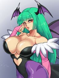  animal_print bat_print breasts cleavage female fur-trimmed_leotard fur_trim green_hair head_wings large_breasts leotard long_hair looking_at_viewer morrigan_aensland pantyhose purple_pantyhose solo strapless strapless_leotard tokisige vampire_(game) wings 