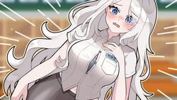  black_skirt blue_eyes blurry blurry_background blush bra breast_pocket breasts bursting_breasts button_gap buttons collared_shirt female gotica grey_bra grey_hair hand_on_own_chest highres lee_rein long_hair name_tag navel open_mouth pocket second-party_source shirt short_sleeves skirt solo tearing_up underwear vlyz white_shirt 