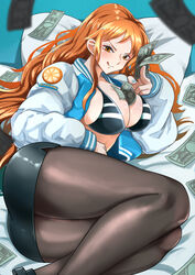  absurdres alternate_costume bed_sheet bikini bikini_top_only black_bikini black_pantyhose black_skirt blue_nails blush breasts cleavage commentary_request commission falling_money feet_out_of_frame female food fruit highres holding holding_money jacket large_breasts long_hair long_sleeves looking_at_viewer lying mandarin_orange mandarin_orange_slice miniskirt money nail_polish nami_(one_piece) on_side one_piece open_clothes open_jacket orange_eyes orange_hair pantyhose pencil_skirt pillow skeb_commission skirt solo swimsuit thighs tongue tongue_out wavy_hair yamada_otonari 