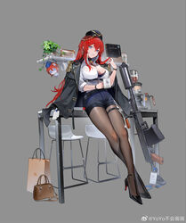  6p62 6p62_(6p62&#039;s_offer)_(girls&#039;_frontline) 6p62_(girls&#039;_frontline) :&lt; adjusting_hair bag black_choker black_footwear black_hat black_jacket black_pantyhose blue_eyes blue_shorts book bra breasts brown_bag buckle chair character_doll chest_strap choker cleavage coffee_maker coffee_pot company_logo crossed_ankles ear_piercing earrings epaulettes female full_body garrison_cap girls&#039;_frontline gold_trim grey_background hair_between_eyes hair_ornament hairclip handbag hat high_collar high_heels highres jacket jacket_on_shoulders jewelry key lace-trimmed_bra lace_trim lanyard large_breasts leaning_on_table long_hair long_sleeves looking_at_viewer office_lady official_alternate_costume official_art pantyhose parted_lips partially_unbuttoned picture_frame piercing plant potted_plant red_hair shirt shorts smile snap-fit_buckle solo sticky_note thigh_strap underwear very_long_hair watch weibo_logo weibo_watermark white_shirt wristwatch yoyo_(550098) 