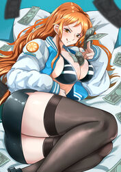  absurdres alternate_costume bed_sheet bikini bikini_top_only black_bikini black_skirt black_thighhighs blue_nails blush breasts cleavage commentary_request commission falling_money feet_out_of_frame female food fruit highres holding holding_money jacket large_breasts long_hair long_sleeves looking_at_viewer lying mandarin_orange mandarin_orange_slice miniskirt money nail_polish nami_(one_piece) on_side one_piece open_clothes open_jacket orange_eyes orange_hair pencil_skirt pillow skeb_commission skirt solo swimsuit thighhighs thighs tongue tongue_out wavy_hair yamada_otonari zettai_ryouiki 