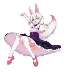  +_+ :d animal_ears blue_eyes dress female fox_ears fox_tail full_body highres honkai_(series) honkai_impact_3rd long_hair looking_at_viewer open_mouth panties pink_footwear shoes short_sleeves side_ponytail simple_background smile solo tail theresa_apocalypse theresa_apocalypse_(sakuno_rondo) thighhighs underwear white_background white_dress white_hair white_panties white_thighhighs xiang_he_he_qunzi 