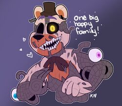  ! 1_eye 2017 animatronic anthro black_nose blue_eyes bow bow_tie claws clothing dialogue english_text eyeball eyebrows five_nights_at_freddy&#039;s freddy_fazbear&#039;s_pizzeria_simulator glowing glowing_eyes grey_body grey_claws hat headgear headwear heart looking_at_viewer machine male mammal metal metallic metallic_body molten_freddy_(fnaf) multicolored_body multicolored_ears multicolored_face nude oddly_cute open_mouth orange_body orange_ears orange_face portrait purple_background purple_eyebrows purple_eyes robot round_ears sharp_claws sharp_teeth simple_background smile snazzamazing solo teeth text top_hat ursid video_games white_body white_ears white_face white_heart wire withered yellow_eyes 