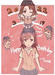  2022 asshuku brown_eyes brown_hair chibi chibi_on_head dated dress_shirt grey_skirt happy_birthday head-mounted_display jitome long_hair mini_person minigirl misaka_imouto on_head pleated_skirt sasaki_nozomi school_uniform shirai_kuroko shirt short_hair skirt summer_uniform sweater_vest toaru_kagaku_no_railgun toaru_majutsu_no_index tokiwadai_school_uniform twintails voice_actor_connection white_shirt 