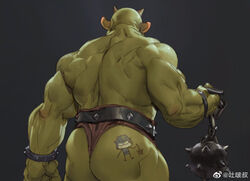  1boy ass ass_tattoo back bara bracelet colored_skin facing_away from_behind green_skin horns huge_ass jewelry mace male_focus male_underwear_lift monster_boy muscular muscular_male orc original skin-covered_horns solo spiked_bracelet spiked_mace spikes strongman_waist thick_thighs thighs tooboshoo topless_male troll weapon 