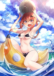  :3 alternate_costume armpits arms_up banana_boat bare_shoulders bat_cutout bat_hair_ornament bikini black_bikini black_ribbon blue_sky blush breasts clothing_cutout cloud cluseller collarbone commentary_request day female food fruit gabriel_dropout hair_ornament hair_ribbon happy highres holding inflatable_raft knee_up lens_flare light_particles light_rays long_hair looking_at_viewer medium_breasts navel object_on_head ocean oerba_yun_fang open_mouth orange_hair outdoors pink_eyes ribbon riding satanichia_kurumizawa_mcdowell shiny_skin sidelocks sitting sky smile solo stomach string_bikini sunlight swimsuit twintails underboob v-shaped_eyebrows water watermelon 