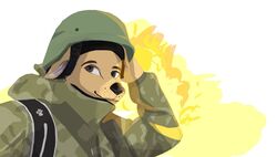  2022 anthro armor backpack black_nose brown_eyes canid canine canis clothing digital_media_(artwork) domestic_dog fur furgonomic_headwear furgonomics headgear helmet looking_at_viewer male mammal military military_helmet military_uniform pink_inner_ear politics russo-ukrainian_war serhii_sternenko simple_background soldier soldier_uniform solo tokohoyko ukraine ukrainian uniform war warrior white_background yellow_body yellow_fur 