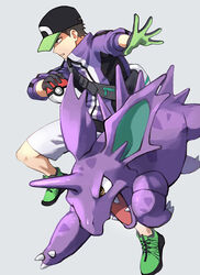  1boy bag baseball_cap brown_hair commentary donta30303 gloves green_footwear grey_background hat holding holding_poke_ball jacket male_focus nidorino original parted_lips poke_ball poke_ball_(basic) pokemon pokemon_(creature) shoes short_hair shorts two-tone_gloves white_shorts 