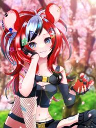  absurdres animal_ears arm_tattoo bandaid bandaid_on_leg black_hair black_shorts black_tube_top breasts cherry_blossoms detached_sleeves female fingerless_gloves gloves hair_ornament hakos_baelz hakos_baelz_(casual) head_rest heart heart_tattoo highres hololive hololive_english lily_lily long_hair medium_breasts midriff mouse_(animal) mouse_ears mouse_girl mouse_on_hand mr._squeaks_(hakos_baelz) multicolored_hair navel number_hair_ornament pentagram pentagram_hair_ornament red_hair short_shorts shorts shoulder_tattoo single_fishnet_legwear single_sleeve smile solo star_(symbol) star_hair_ornament star_tattoo strapless streaked_hair tattoo torn_footwear tree tube_top twintails virtual_youtuber white_hair 