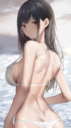  ass back bare_arms bare_shoulders bikini black_hair breasts covered_nipples cowboy_shot female halterneck highres large_breasts long_hair looking_at_viewer looking_back mole mole_on_back mole_on_breast original parted_lips red_eyes shoulder_blades solo standing strap_gap string_bikini suzuame_yatsumi swimsuit wet white_bikini 