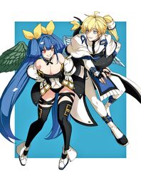  1boy angel_wings arms_behind_back asymmetrical_wings bare_shoulders black_panties black_thighhighs blonde_hair blue_background blue_eyes blue_hair blush border breasts choker cleavage couple detached_collar detached_sleeves dizzy_(guilty_gear) ebi_pri_shrimp female full_body guilty_gear guilty_gear_xrd hair_between_eyes hair_ribbon hair_rings hug hug_from_behind husband_and_wife ky_kiske large_breasts lifting_person long_hair looking_at_another mini_wings monster_girl panties ponytail red_eyes ribbon showgirl_skirt sidelocks simple_background smile straight tail tail_ornament tail_ribbon tail_wrap thigh_gap thigh_strap thighhighs thighs twintails underwear white_border wings yellow_ribbon 