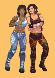  2girls abs absurdres asami_sato avatar_legends belt black_footwear blue_eyes blue_hair blue_pants blue_shirt blue_wristband breasts brown_footwear cirenk commentary commission dark_skin elbow_pads english_commentary full_body green_eyes halterneck highres korra medium_breasts medium_hair midriff mixed-language_commentary multicolored_clothes multiple_girls muscular muscular_female navel obliques pants shin_guards shirt shoulder_tattoo sidelocks swept_bangs tan tattoo the_legend_of_korra white_wristband wrestling wrestling_outfit yellow_background 