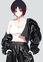  black_hair black_jacket black_pants breasts cleavage earrings female gradient_hair grey_background hands_in_pockets highres jacket jewelry kisaragi_ren_(vtuber) large_breasts looking_at_viewer midriff multicolored_hair necklace pants purelove_acc red_eyes red_hair short_hair smile solo sports_bra stomach track_jacket track_suit virtual_youtuber vspo! white_sports_bra 