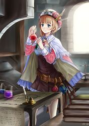  alchemy atelier_(series) atelier_rorona beaker belt blue_eyes blush book brown_hair cape commentary_request female flask hat holding indoors inkwell jastersin21 jewelry long_sleeves necklace quill rororina_fryxell round-bottom_flask short_hair smile solo standing table test_tube 