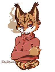  absurd_res anthro bad_metadata black_nose blue_eyes brown_body brown_fur cigarette felid feline female fur hi_res lynx mammal missing_sample misslocoloca miyu_(star_fox) nintendo signature simple_background smoke smoking solo star_fox stripes white_body white_fur 