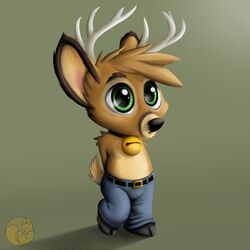  1:1 2014 anthro antlers bell belt big_eyes biped black_nose bottomwear brown_body brown_fur clothed clothing cloven_hooves collar deer digital_media_(artwork) eyebrows fur green_background green_eyes hi_res hooves horn male mammal multicolored_body multicolored_fur nateday pants simple_background solo standing tan_body tan_fur tirrel_(tirrel) topless whiskers 