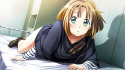  all_fours baldr_(series) baldr_sky baldr_sky_zero blush female game_cg green_eyes kei_(baldr_sky_zero) on_bed open_mouth solo striped sweatdrop tsunashima_shirou 