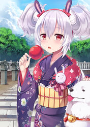  animal animal_ears azur_lane blue_sky blush bow candy_apple canine closed_mouth cloud cloudy_sky commentary_request day female fingernails floral_print food hair_between_eyes hairband hand_on_another&#039;s_head highres holding holding_food japanese_clothes juliet_sleeves kimono laffey_(azur_lane) laffey_(snow_rabbit_and_candy_apple)_(azur_lane) long_sleeves looking_at_viewer nekomicha obi official_alternate_costume open_mouth outdoors photoshop_(medium) print_kimono puffy_sleeves purple_kimono rabbit_ears red_bow red_eyes red_hairband samoyed_(dog) sash sidelocks sky solo tongue tongue_out twintails white_hair wide_sleeves 