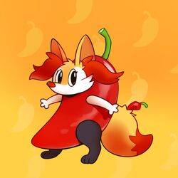  1:1 2018 3_fingers 3_toes ambiguous_gender anthro biped braixen canid canine cheek_tuft chili_pepper clothed clothing costume countershading digital_media_(artwork) dipstick_tail facial_tuft feet fingers food food_costume fruit fruit_costume full-length_portrait fur generation_6_pokemon grey_body grey_fur happycrumble head_tuft humor inner_ear_fluff looking_away mammal markings multicolored_body multicolored_fur multicolored_tail nintendo orange_background orange_body orange_fur paws pepper_(fruit) pepper_costume plant pokemon pokemon_(species) portrait red_nose simple_background solo standing tail tail_markings toes toony tuft white_body white_fur yellow_body yellow_fur 