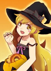  blonde_hair commentary_request doughnut female food fooring halloween hat jack-o&#039;-lantern long_hair monogatari_(series) oerba_yun_fang oshino_shinobu otorimonogatari pumpkin solo strap_slip witch_hat yellow_eyes 