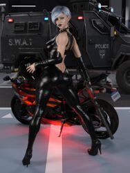  1girls 3d apc ass black_hair black_lipstick clothed clothing cross_earrings earrings english_text female female_only fully_clothed gray_hair grey_hair gun high_heels holding_gun holding_object holding_rifle holding_weapon kira_(lazydreamer3d) large_breasts lazydreamer3d lipstick looking_at_viewer looking_back motorcycle original original_character rifle sci-fi science_fiction short_hair slushe_(website) solo standing two-tone_hair white_hair wide_hips 